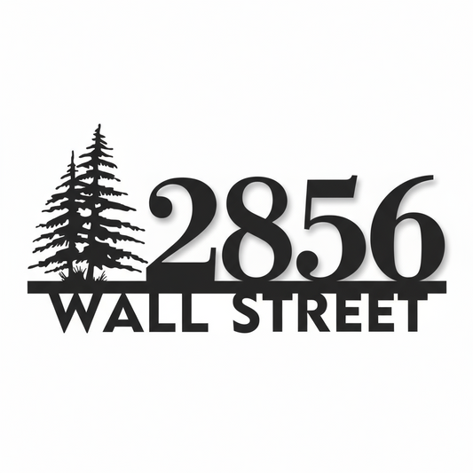 Black metal sign with '2856 WALL STREET' and tree design on a white background